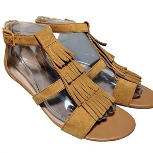 CLARKS Tan Suede Fringe Wedge‎ Sandals Boho Chic Ankle Strap Buckle 8 summer